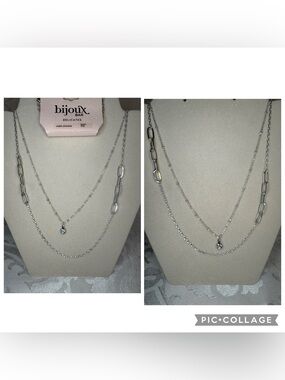 NWT Bijoux Bar Silver-Tone Layered Necklace with Crystal Pendant